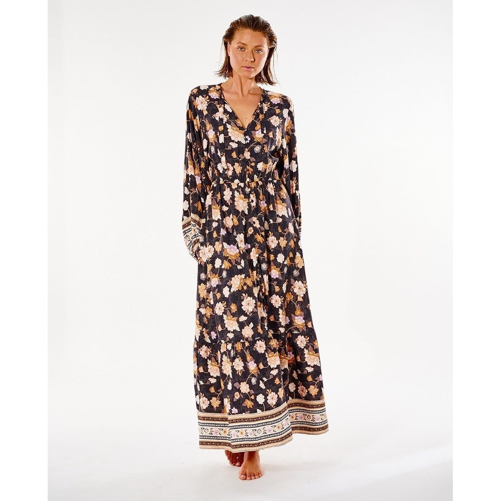 Rip Curl Surf Gypsy Dark Floral Ditsy Maxi Dress Long Sleeve Tiered Boho Black L
